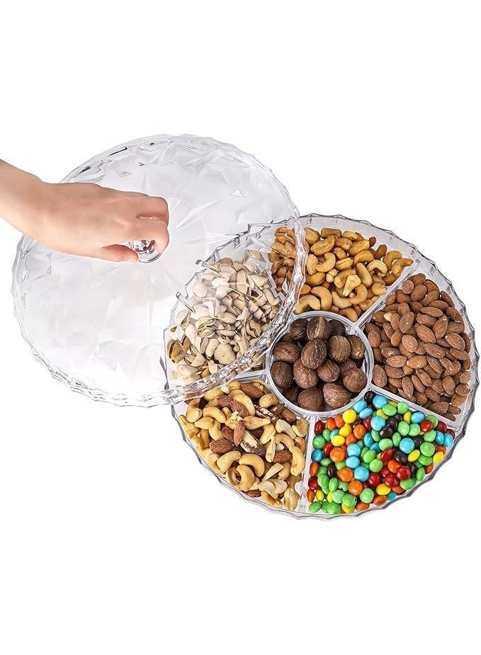 Snack Serving Tray, Appetizer Tray with Lid, 6 Compartments Round Plastic Food Storage Organizer for Dried Fruits, Nuts, Candies, Sweet Cookies, and Fruits - Image 4